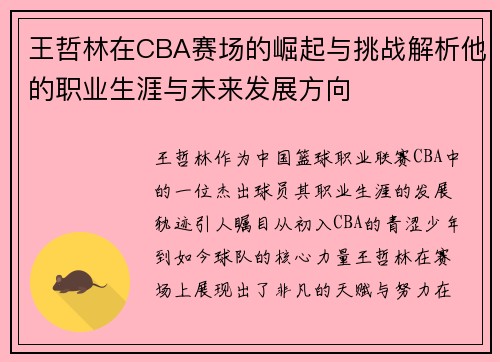 王哲林在CBA赛场的崛起与挑战解析他的职业生涯与未来发展方向